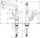 Küchenmischer mit einem Hebel und einer schwenkbaren Auslaufarmatur von Hansgrohe. Technische Zeichnung mit Maßangaben und Anschlussdetails.